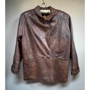 Vera Pelle Womens Blazer Brown Leather Jacket Size 46 Button Front Long Sleeve